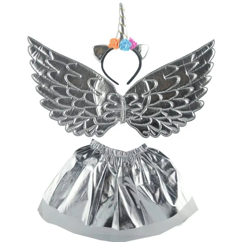 Kids girls unicorn hairband, colorful fairy wings, and mesh dress set for children’s performance or dress-up occasions.