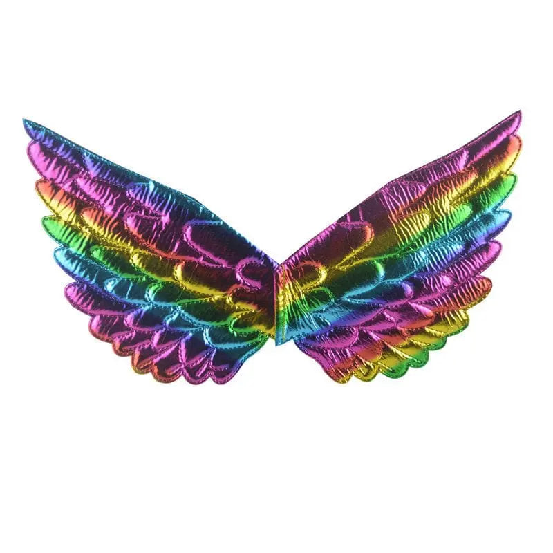 Children's girls unicorn hairband, colorful fairy wings, and mesh dress set for dress-up or performance.