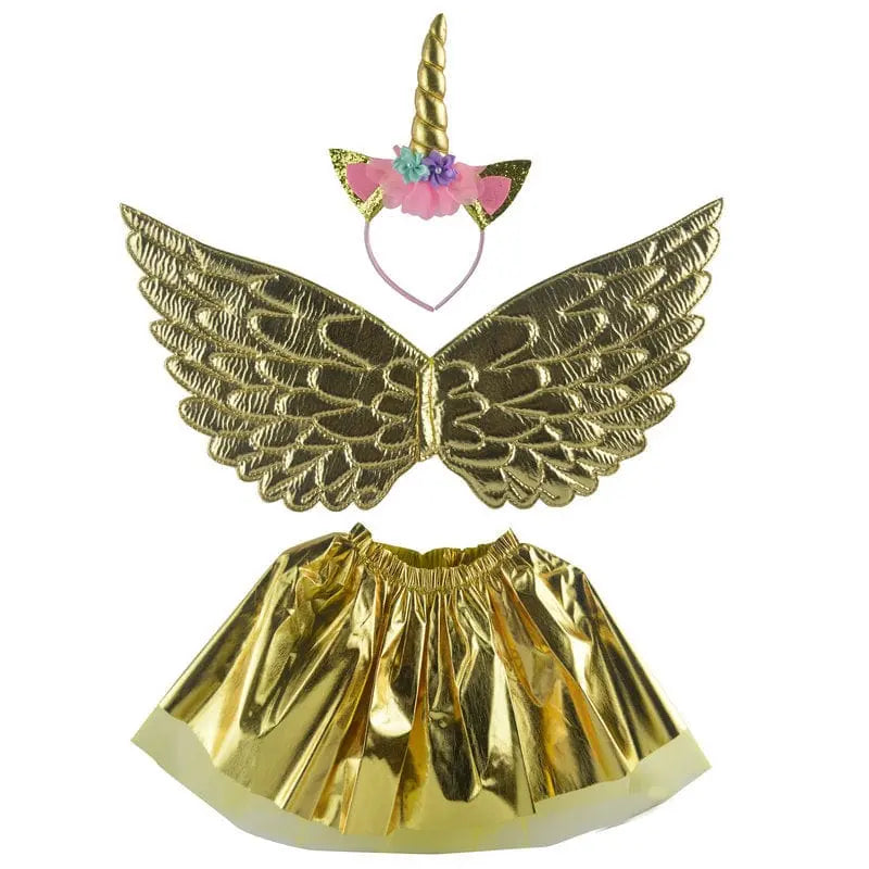 Children's girls' unicorn hairband, colorful fairy wings, and mesh dress set for play or performance, by Showlu Fashion Store.