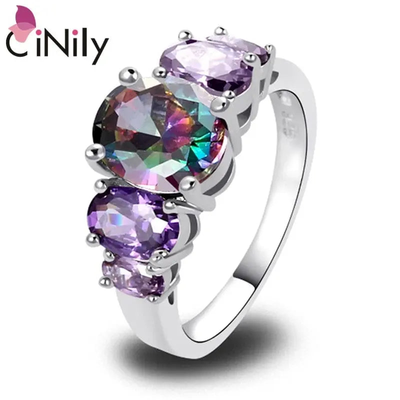 Silver plated CiNily Rainbow Topaz geometric ring featuring vibrant rainbow stones, stylish statement jewelry for women.