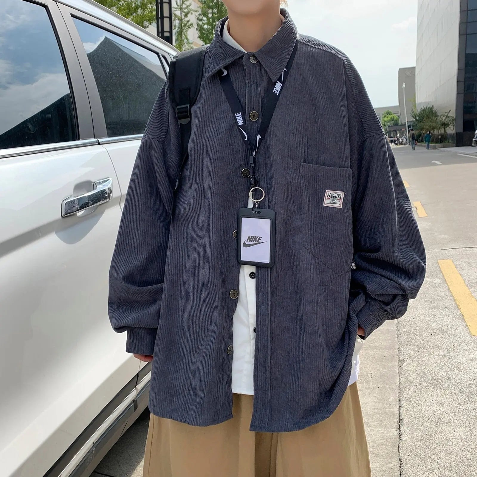 Black men's corduroy long sleeve shirt with vintage Harajuku style, Korean streetwear-inspired, 3XL size from Showlu Fashion Store