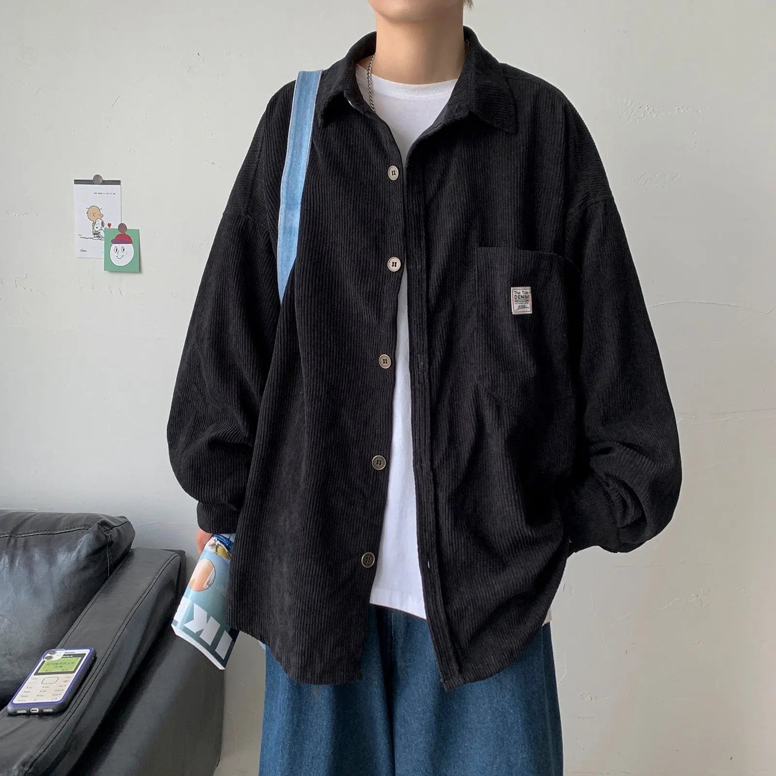 Black men's corduroy long sleeve shirt from Showlu Fashion Store with vintage Harajuku style, Korean streetwear design, 3XL size.