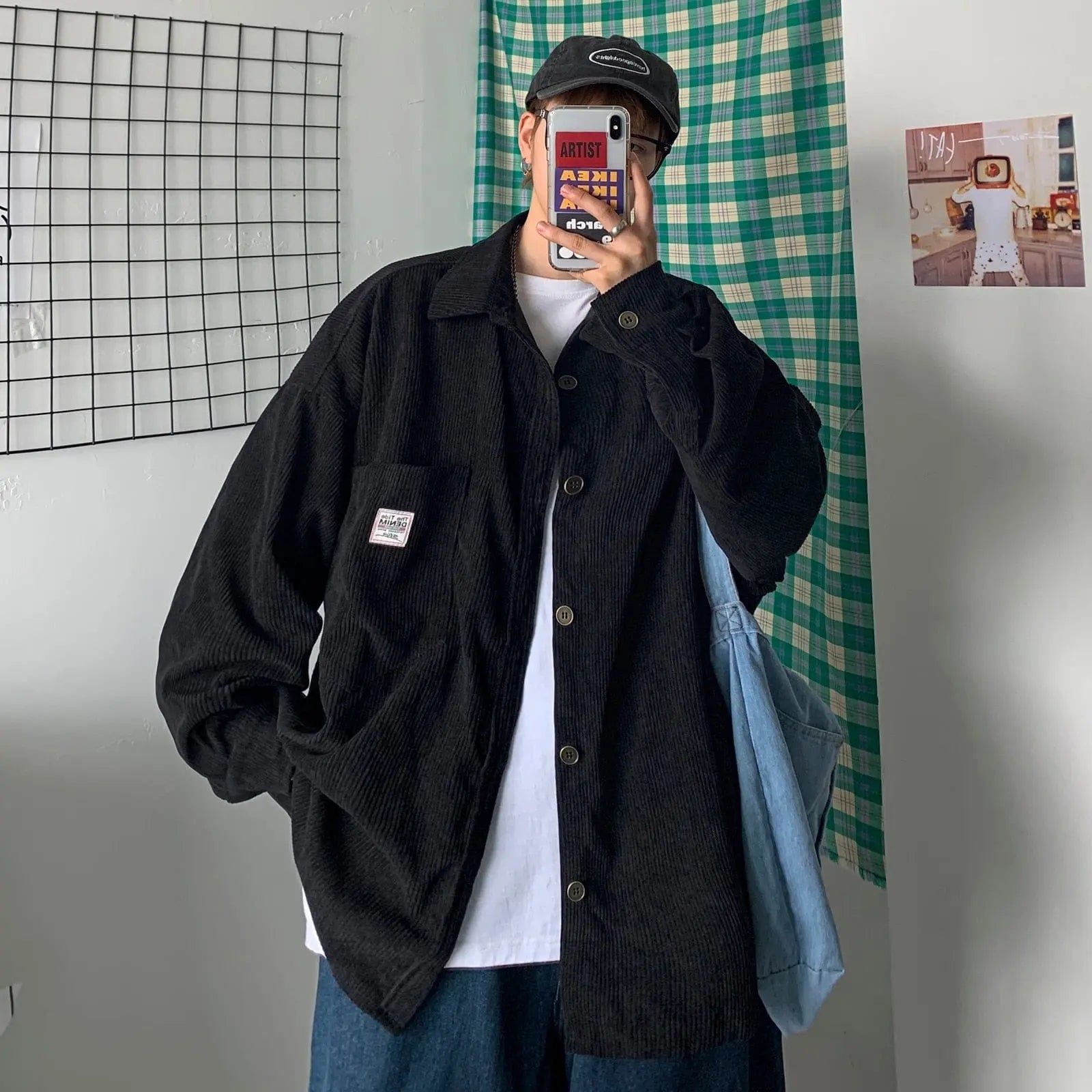 Black men's corduroy long sleeve shirt with vintage Harajuku style, Korean-inspired streetwear for men from Showlu Fashion Store.