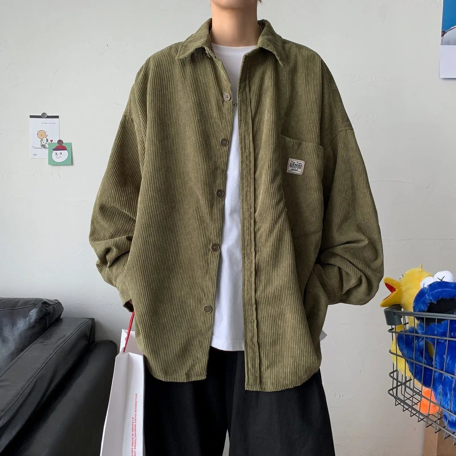 Black men's corduroy long sleeve shirt with vintage Harajuku style, Korean-inspired streetwear, shown in size 3XL.