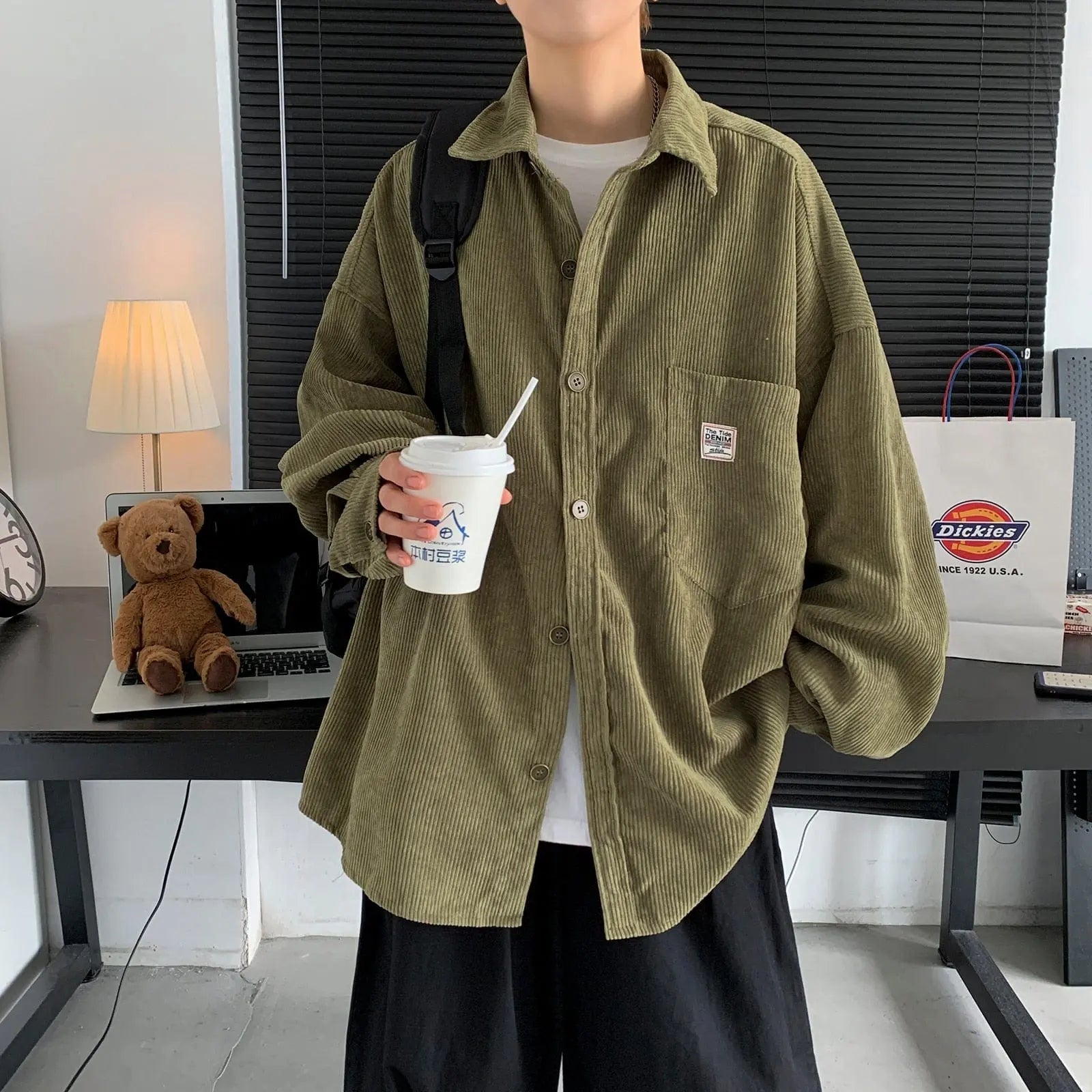 Black men's corduroy long sleeve shirt by Showlu Fashion, vintage Harajuku style, Korean streetwear, 3XL size, casual cotton top.