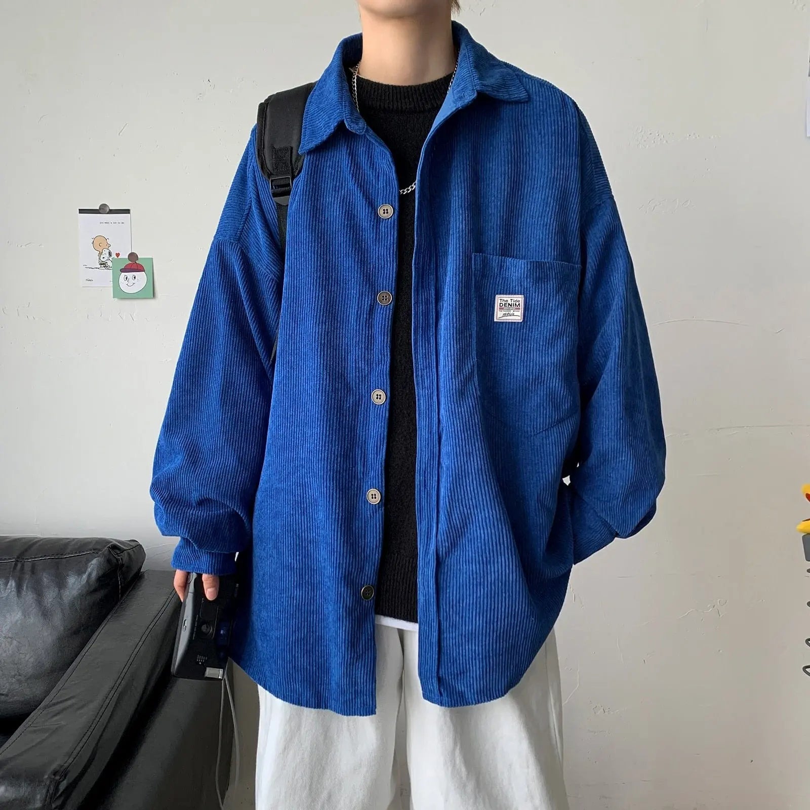 Black men's corduroy long sleeve shirt by Showlu Fashion, vintage Harajuku style, Korean streetwear, 3XL size.