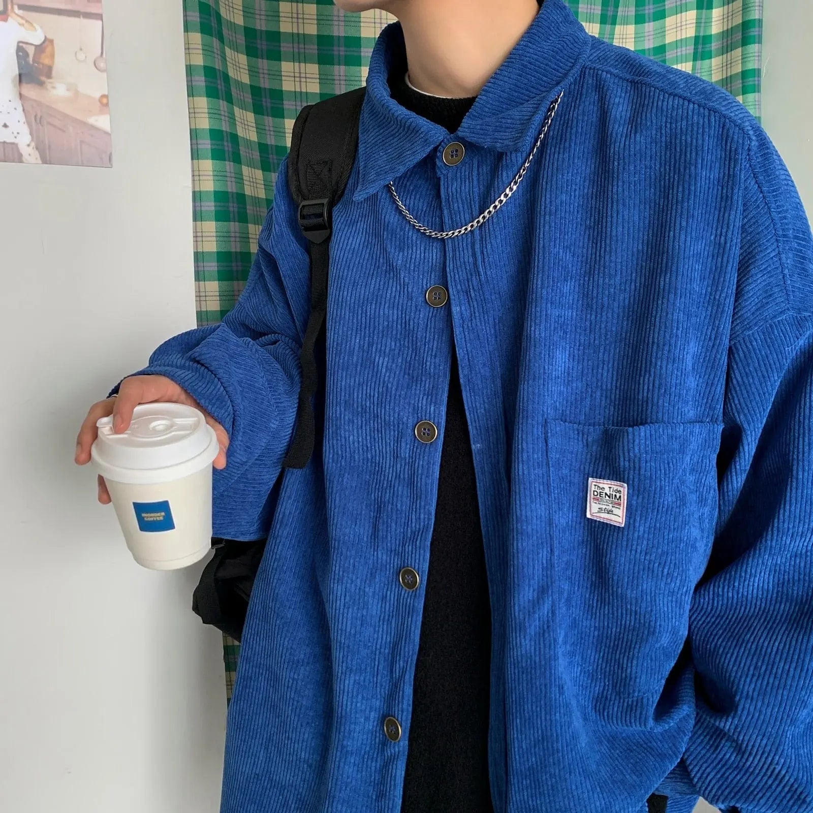 Black men's corduroy long sleeve shirt featuring vintage Harajuku style, Korean streetwear design, and casual street fashion.