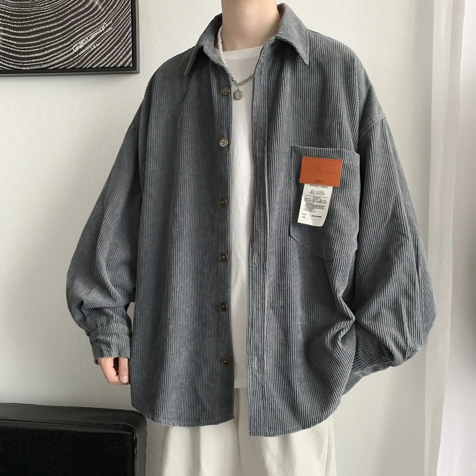 Black men's corduroy long sleeve shirt featuring vintage Harajuku style, Korean streetwear look, and 3XL size from Showlu Fashion.