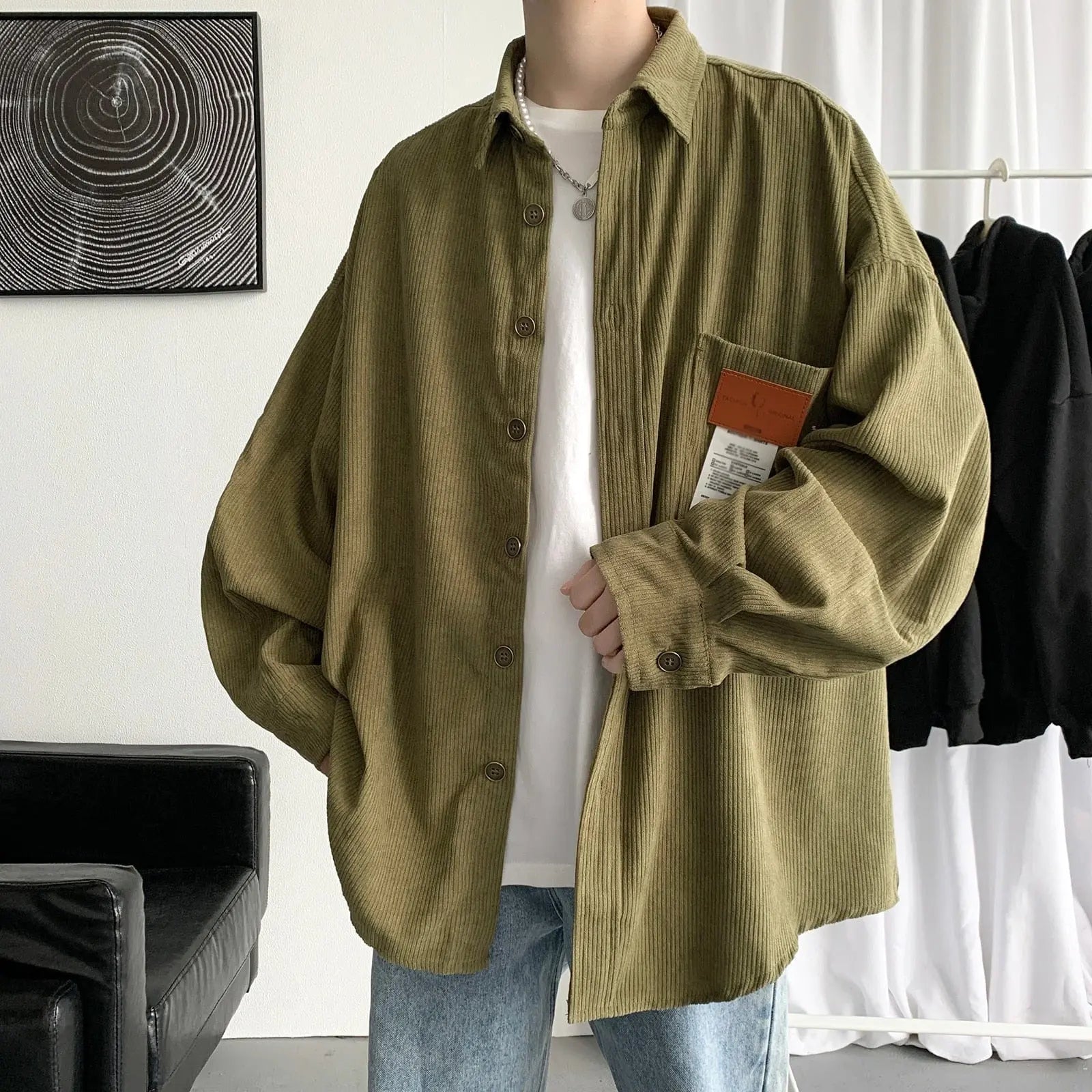 Black men's corduroy long sleeve shirt with vintage Harajuku style, Korean streetwear look, from Showlu Fashion Store.
