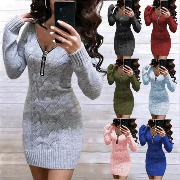 Showlu Fashion women's knitted sweater dress with zipper V-neck, long cozy gown, soft knit fabric, stylish and comfortable for winter wear