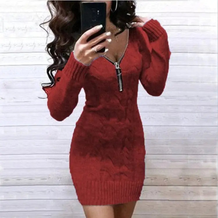 Cozy knitted women's sweater dress with zipper V-neck, long gown style by Showlu Fashion, perfect for casual or stylish wear.