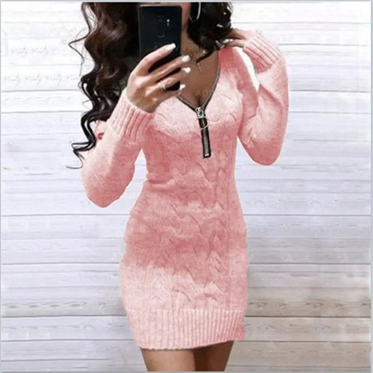Cozy knitted women's sweater dress with zipper V-neck, long gown style by Showlu Fashion, perfect for casual and stylish wear.