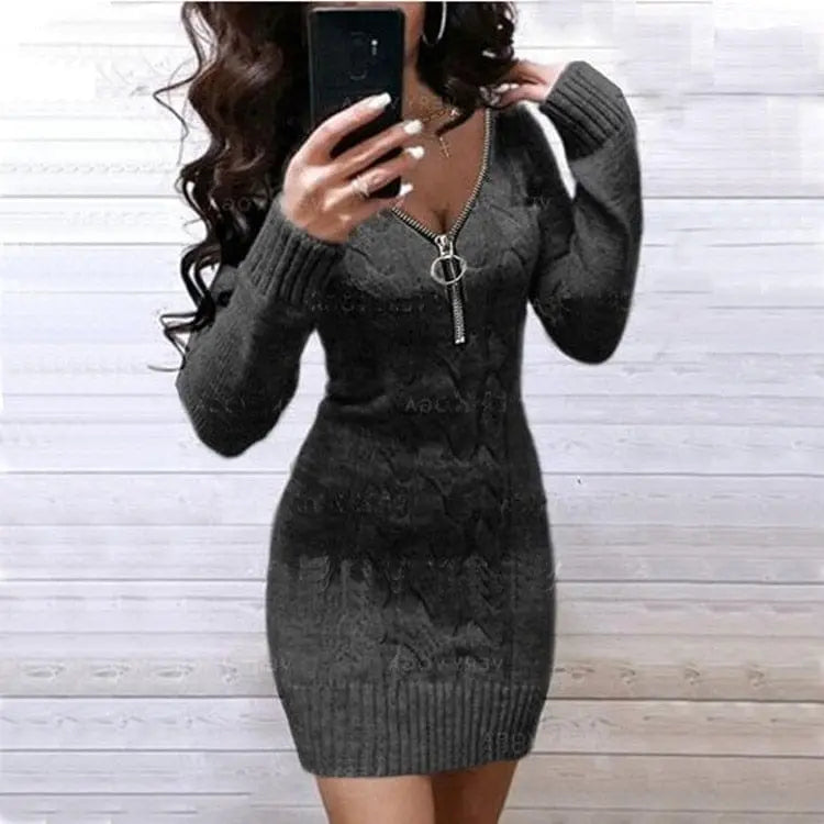 Showlu Fashion women's knitted sweater dress with zipper V-neck, long gown, cozy and stylish for casual or dressy occasions.