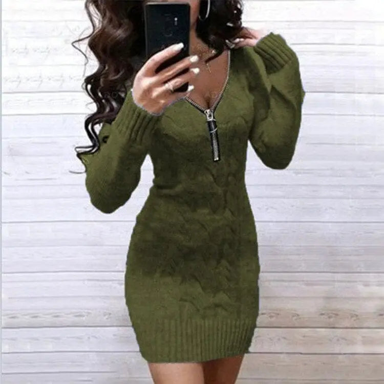 Showlu Fashion women's knitted sweater dress with zipper V-neck, long gown, cozy and stylish for casual wear.