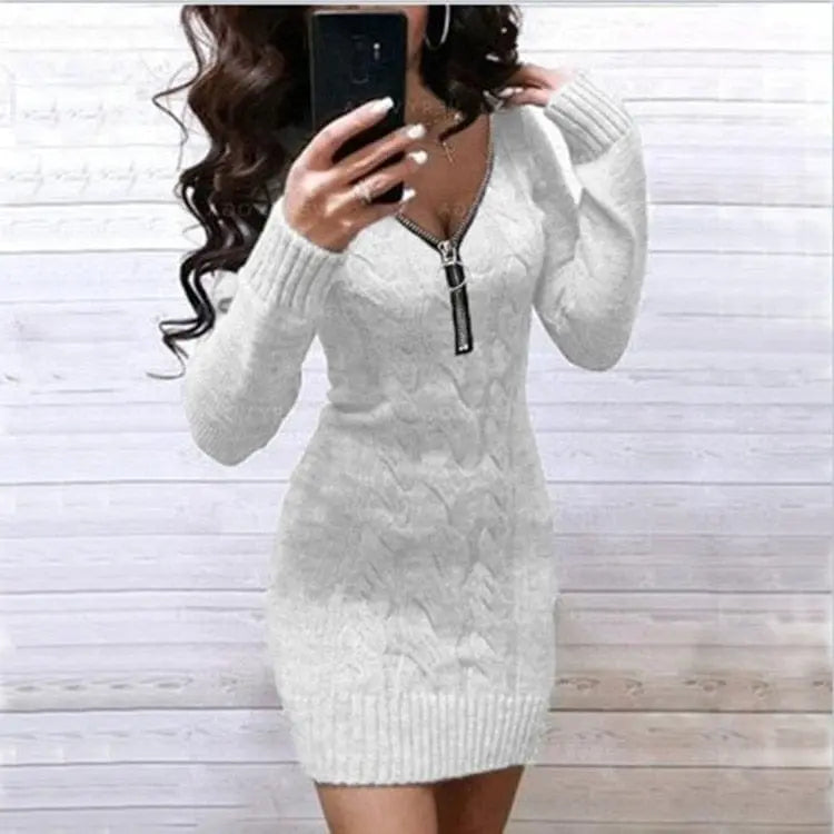 Showlu Fashion women's knitted sweater dress with a zipper V-neck, long gown, cozy and stylish for cold weather.