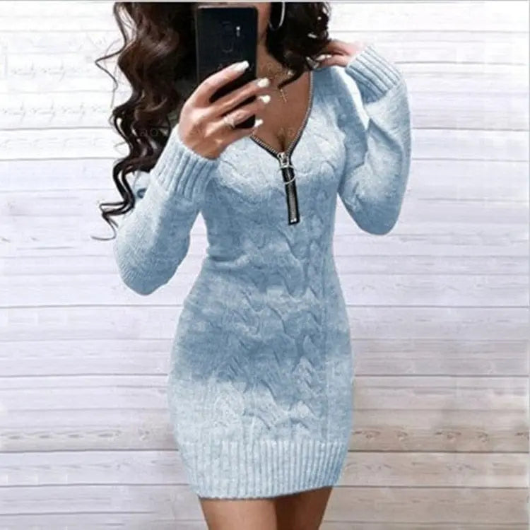 Showlu Fashion women's knitted sweater dress with a zipper V-neck, long gown, cozy and stylish for fall and winter wear.