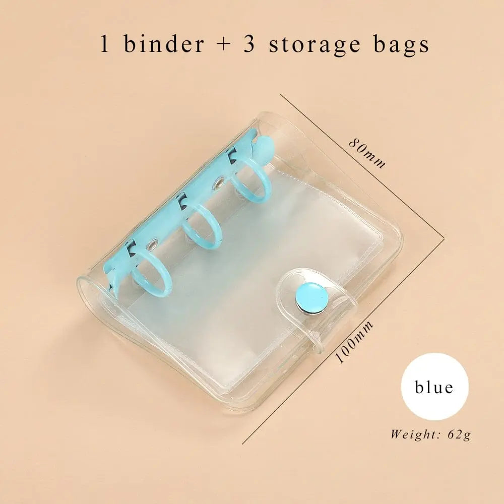 Cute transparent mini 3-ring loose-leaf notebook with kawaii design, perfect for students and school supplies.