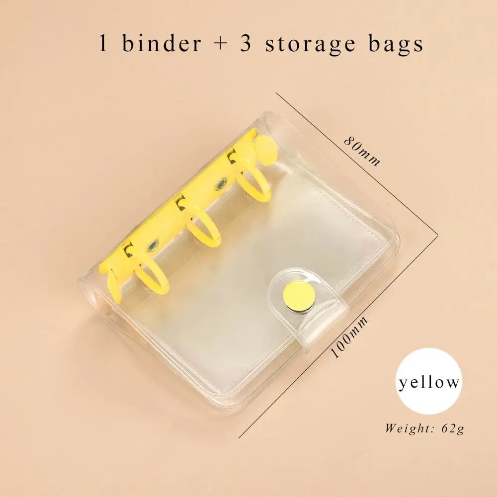 Mini transparent 3-ring loose-leaf notebook with kawaii binder design, perfect for students and school supplies.