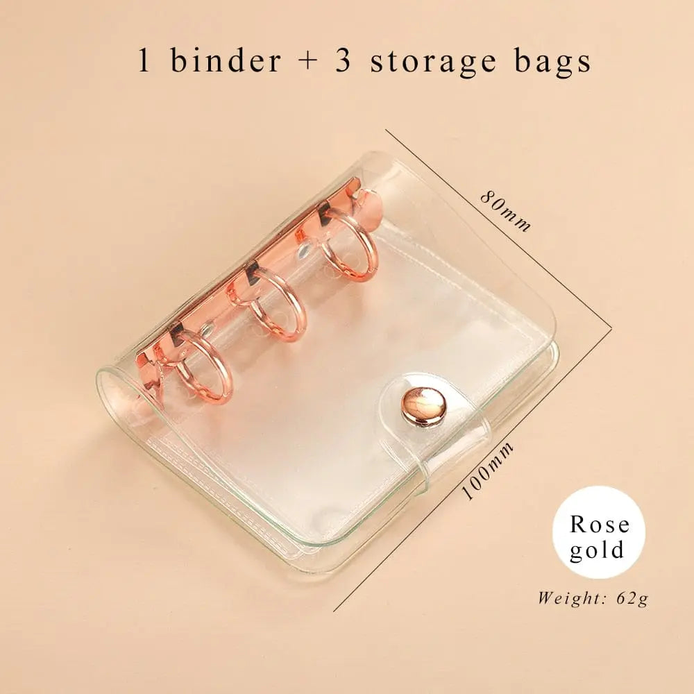 Mini transparent 3-ring loose-leaf notebook with kawaii binder design, portable school supplies for students.