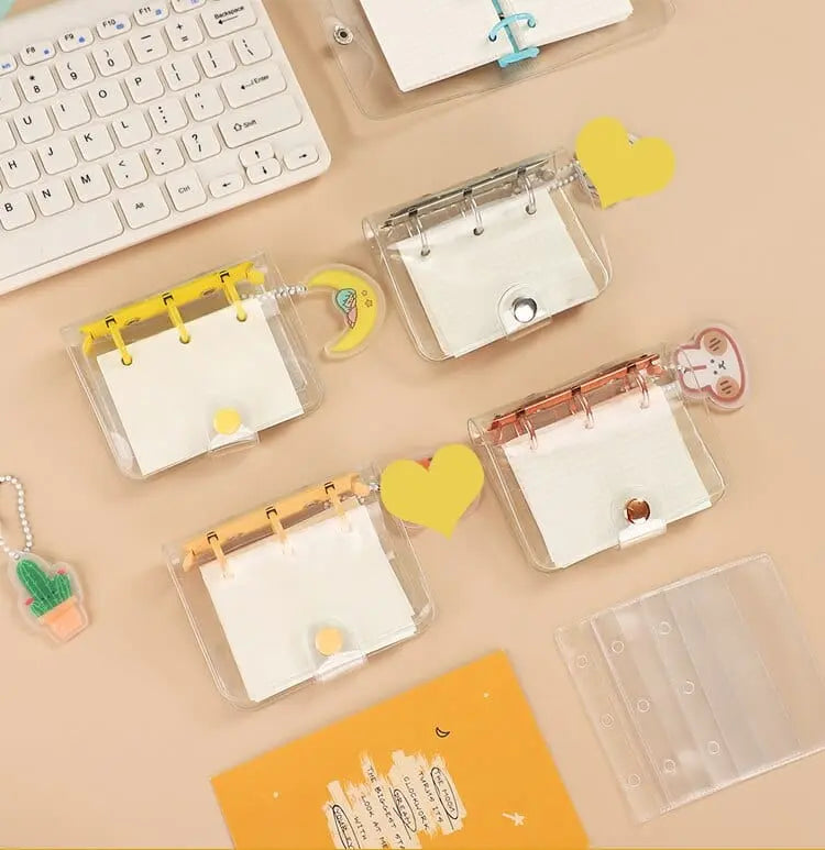 Transparent mini 3-ring loose-leaf notebook by Jianwu, kawaii binder with colorful pages, portable school supplies for students