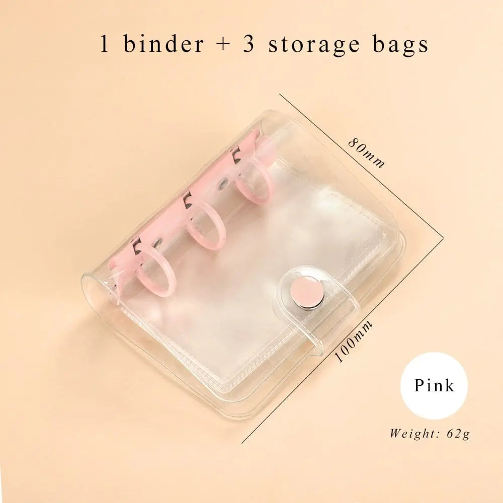 Mini transparent Kawaii binder with three rings, compact loose-leaf notebook for students, featuring a cute, creative design.