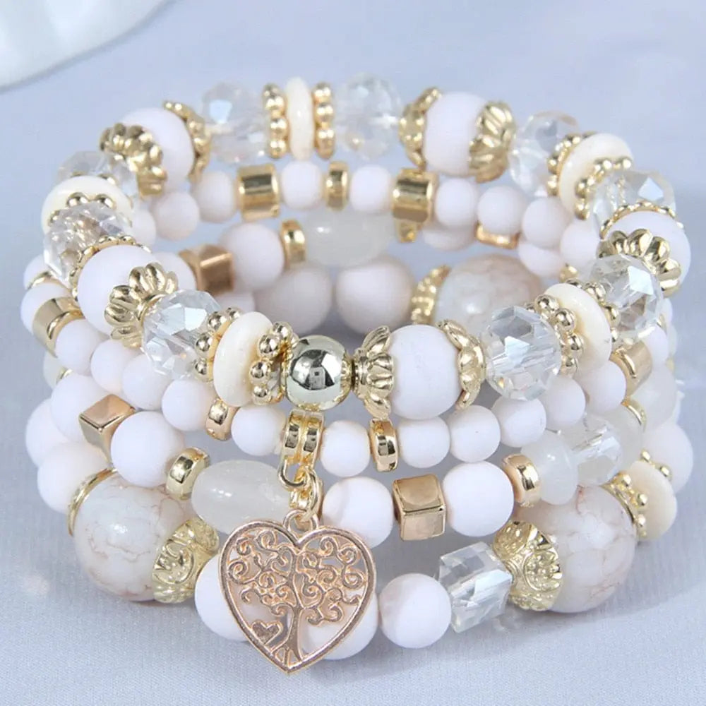 Bohemian white crystal beads strand bracelet with Tree of Life charm, stylish jewelry for women and girls.