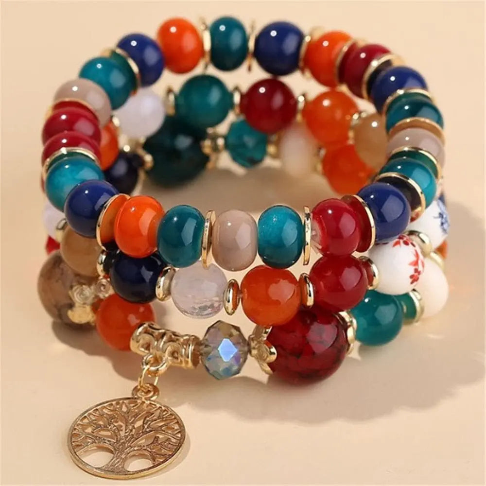DIEZI bohemian white crystal beads strand bracelet with Tree of Life charm, perfect for women and girls, ethnic style, Showlu Fashion.