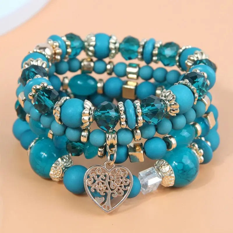 Bohemian white crystal beads strand bracelet with Tree of Life charm, stylish wrap bracelet for women and girls.
