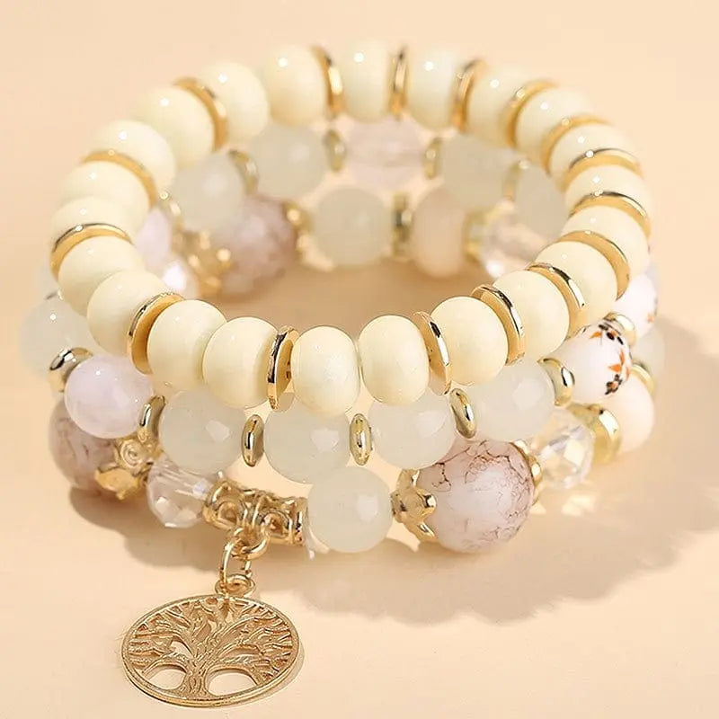 DIEZI Bohemian white crystal beads strand bracelet with Tree of Life charm, designed for women and girls, ethnic style.