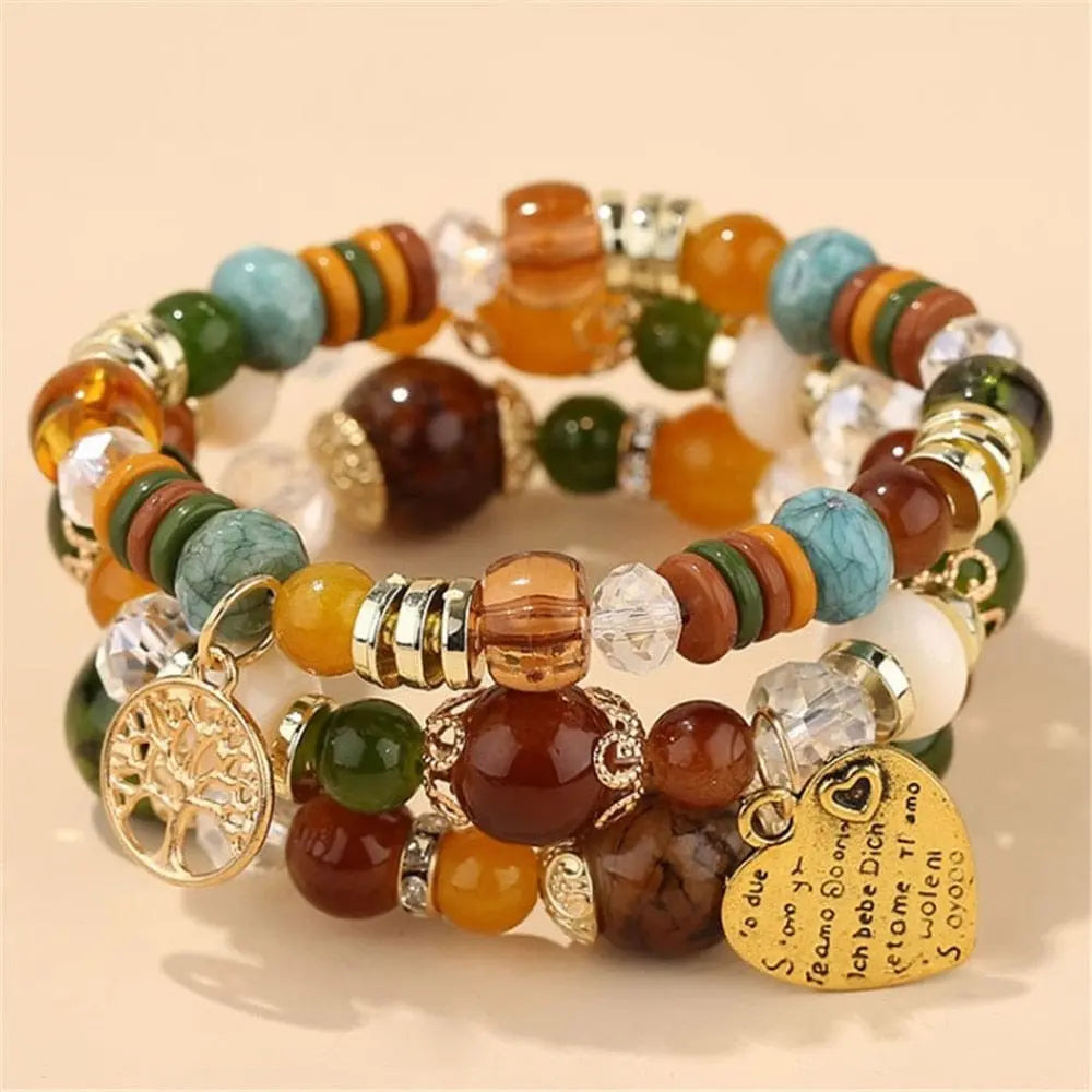 Bohemian white crystal beads strand bracelet with Tree of Life charm, designed for women and girls, by Showlu Fashion Store.