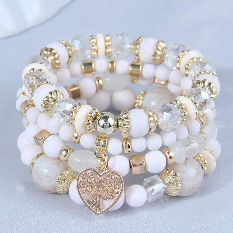 DIEZI Bohemian white crystal beads strand bracelet with Tree of Life charm, women’s ethnic wrap bracelet, Showlu Fashion Store