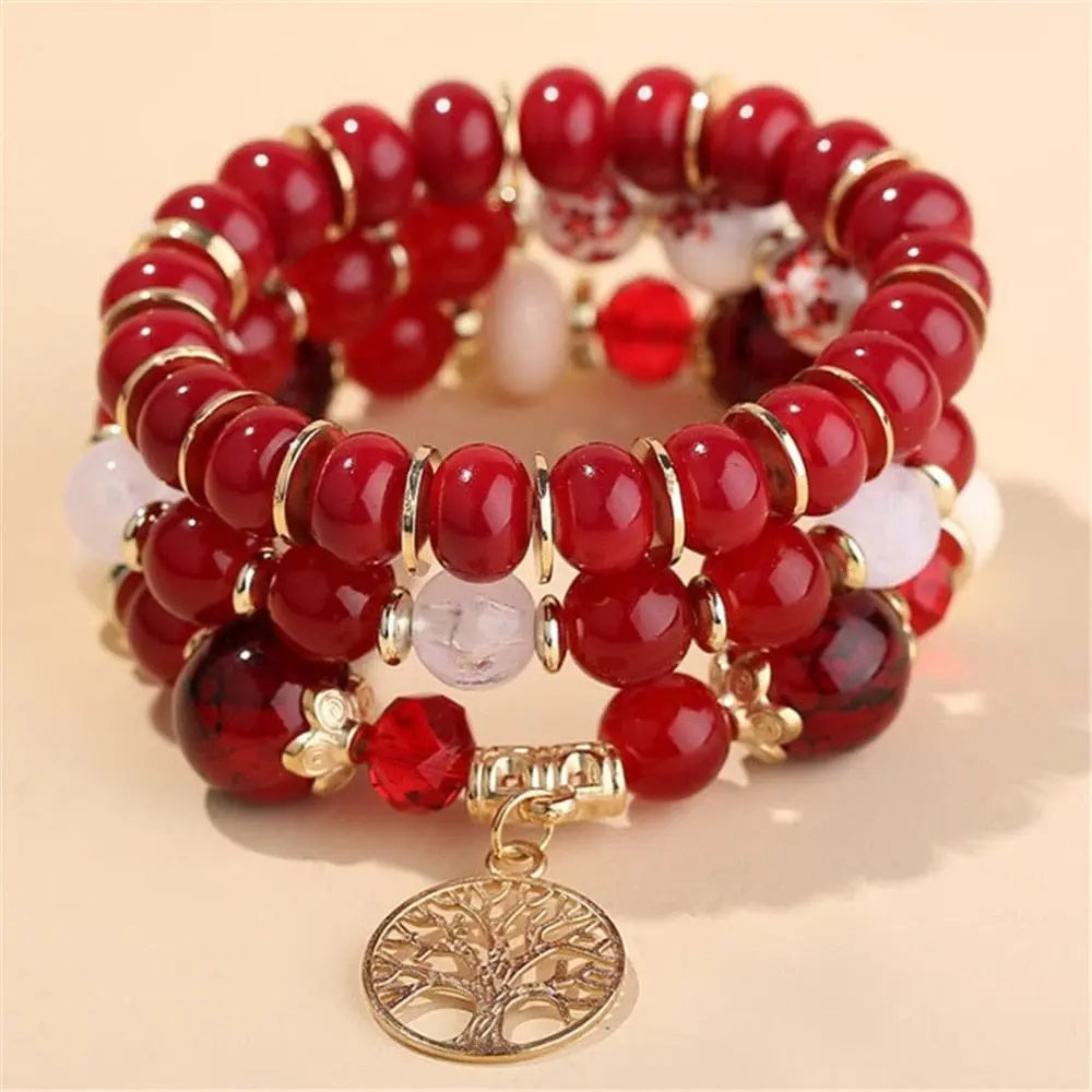 Bohemian white crystal beads strand bracelet with Tree of Life charm, stylish ethnic jewelry for women and girls.