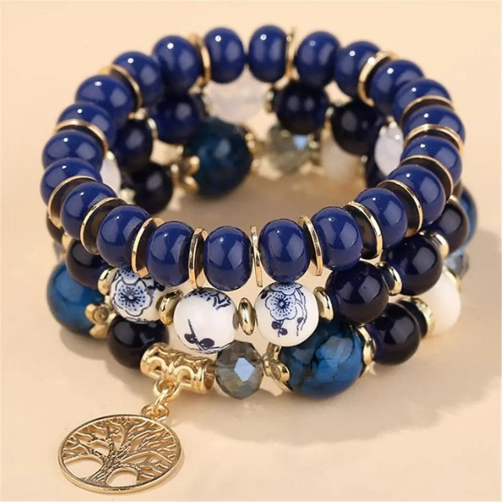 Bohemian white crystal beads strand bracelet with Tree of Life charm, stylish women's wrap bracelet by Showlu Fashion Store.