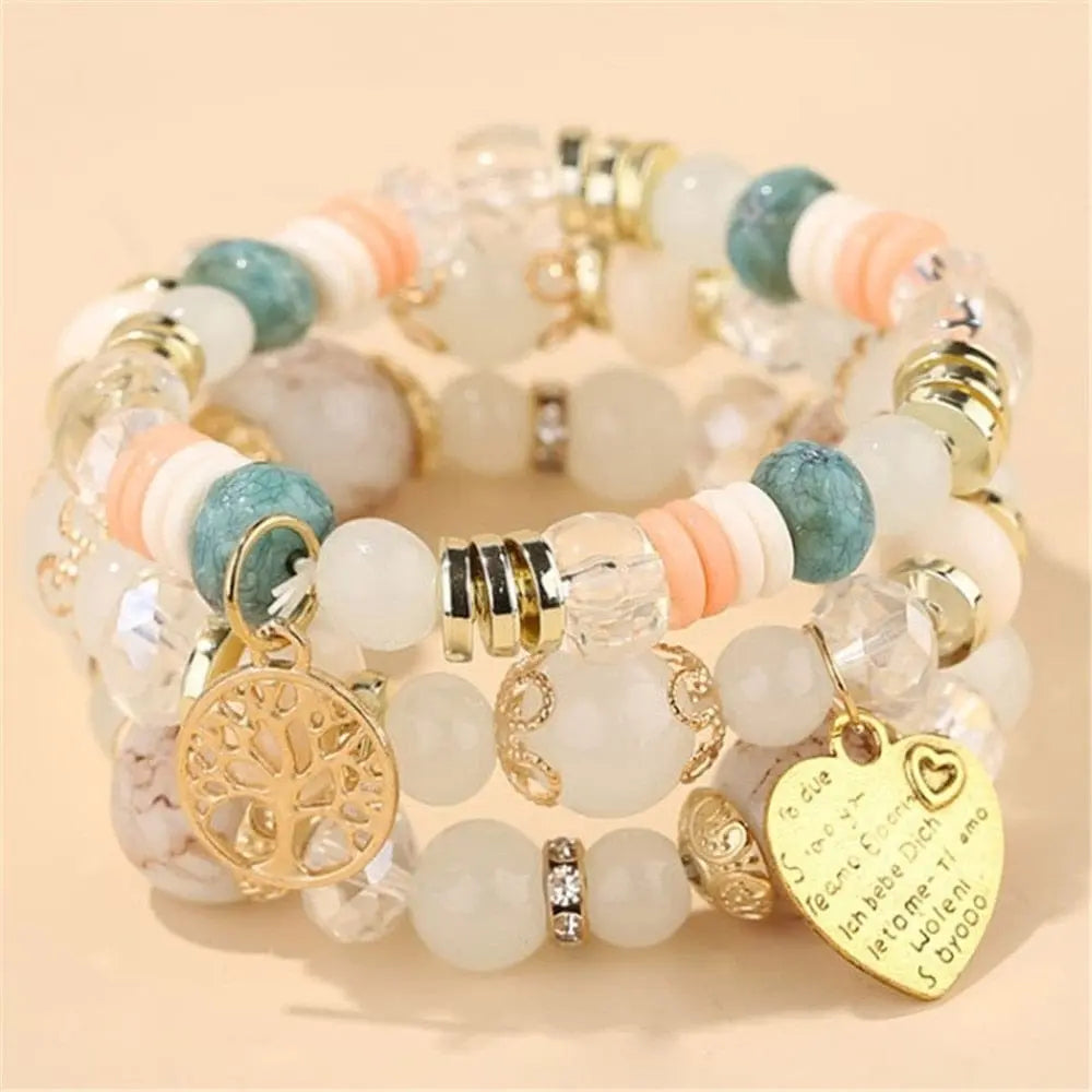 Bohemian white crystal beads strand bracelet with Tree of Life charm, stylish ethnic wrap bracelet for women and girls.