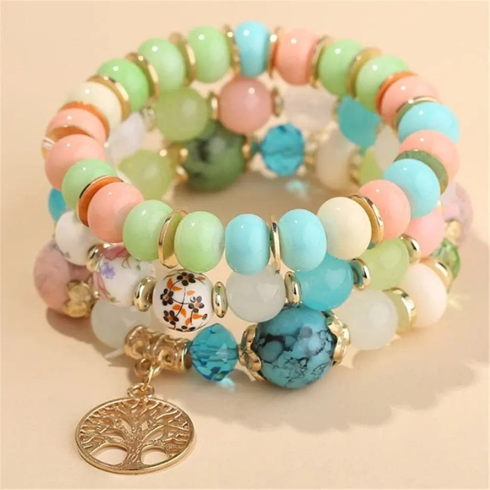 Bohemian white crystal beads strand bracelet with Tree of Life charm, designed for women and girls, by Showlu Fashion Store.