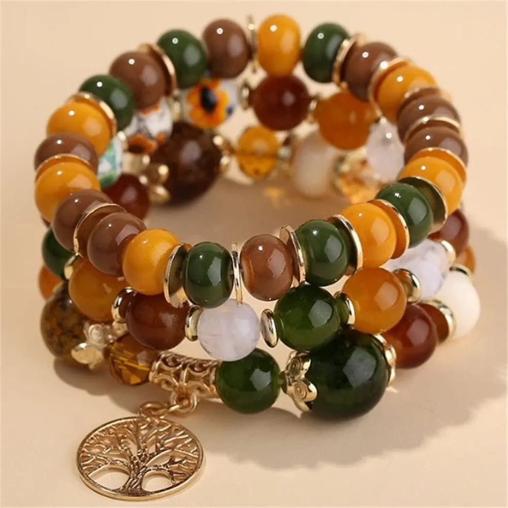 Bohemian white crystal beads strand bracelet with Tree of Life charm, stylish ethnic jewelry for women and girls.