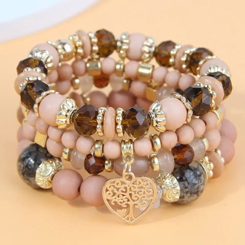 Bohemian white crystal beads strand bracelet with Tree of Life charm, stylish wrap bracelet for women and girls.
