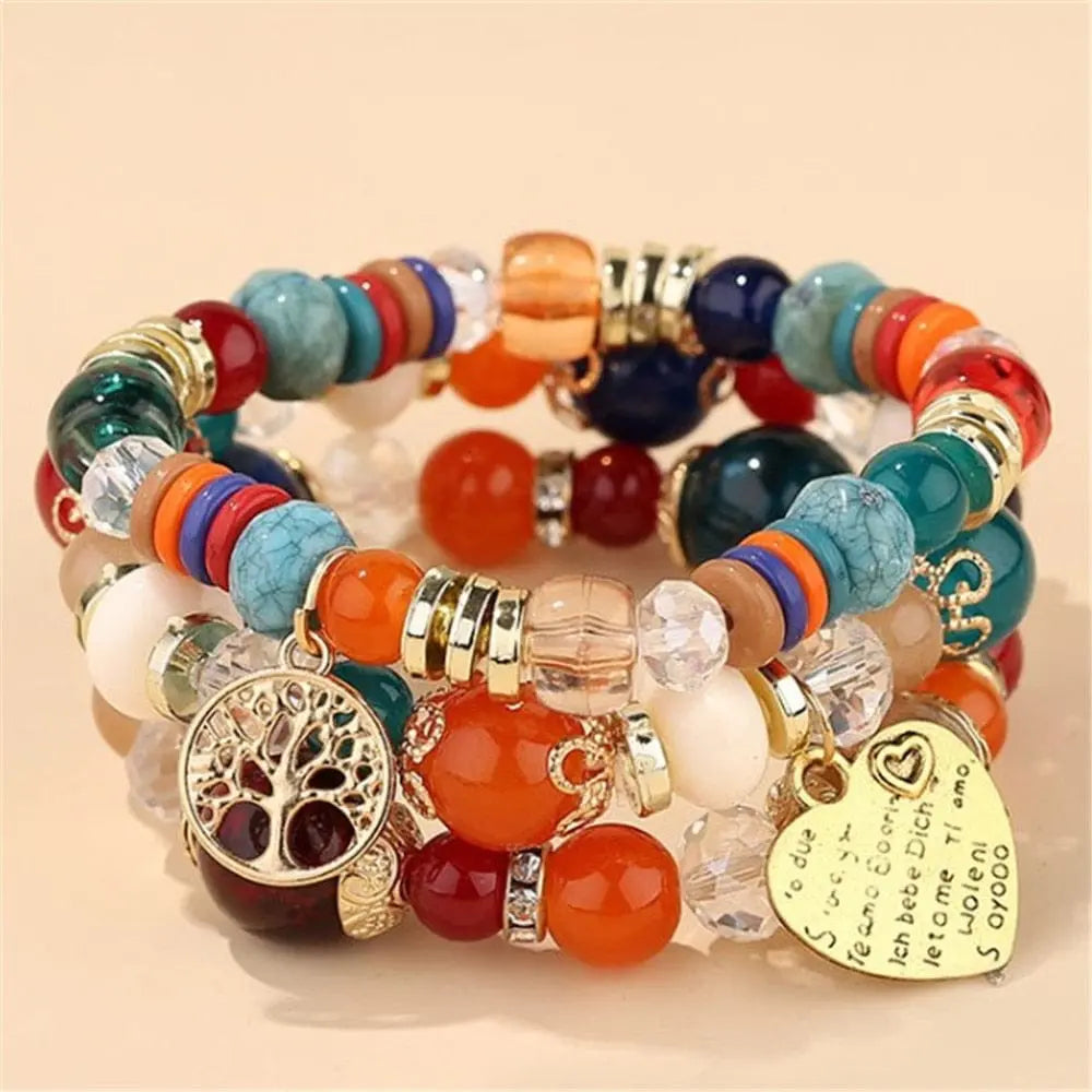 Bohemian white crystal beads strand bracelet with Tree of Life charm, stylish accessory for women and girls.
