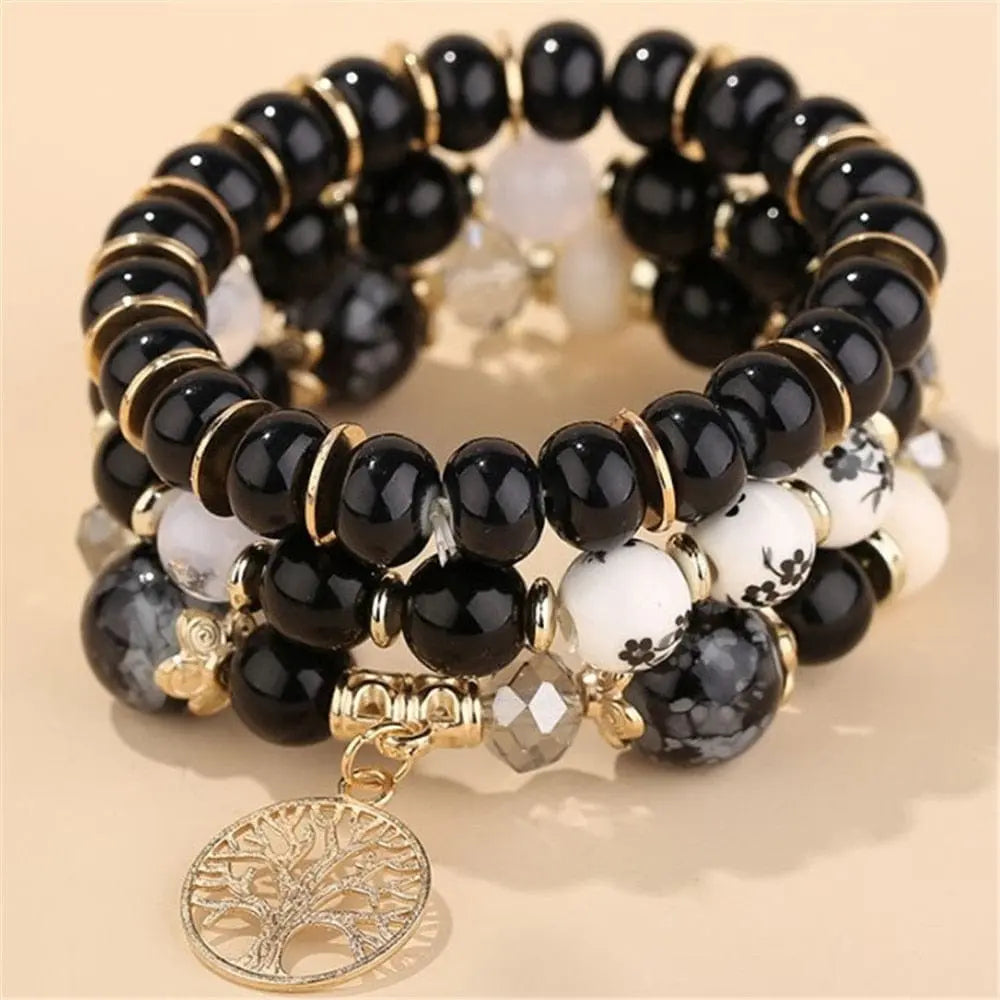 DIEZI Bohemian white crystal beads strand bracelet with Tree of Life charm, stylish ethnic wrap bracelet for women and girls.