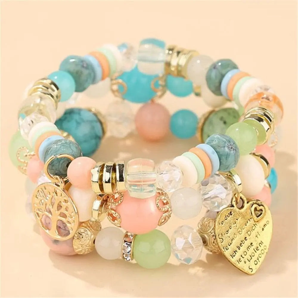 Bohemian white crystal beads strand bracelet with Tree of Life charm, designed for women and girls, by Showlu Fashion Store.