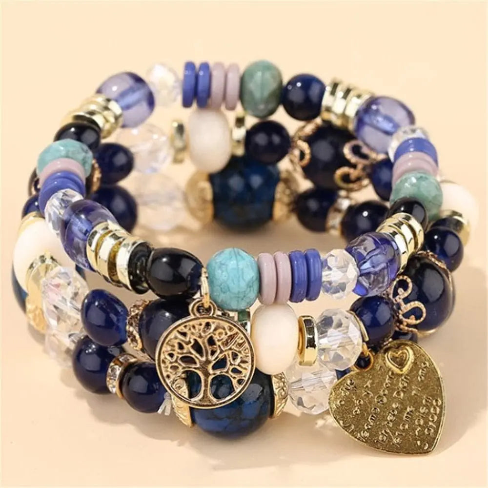 Bohemian white crystal beads strand bracelet with Tree of Life charm, stylish accessory for women and girls by Showlu Fashion Store