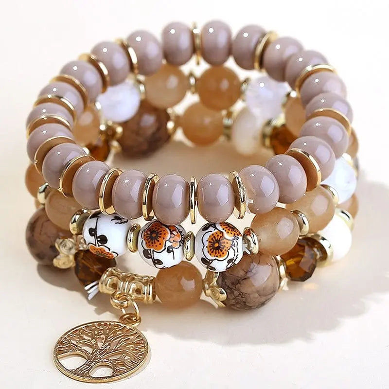 Bohemian white crystal beads strand bracelet with Tree of Life charm, stylish accessory for women and girls, by Showlu Fashion Store.