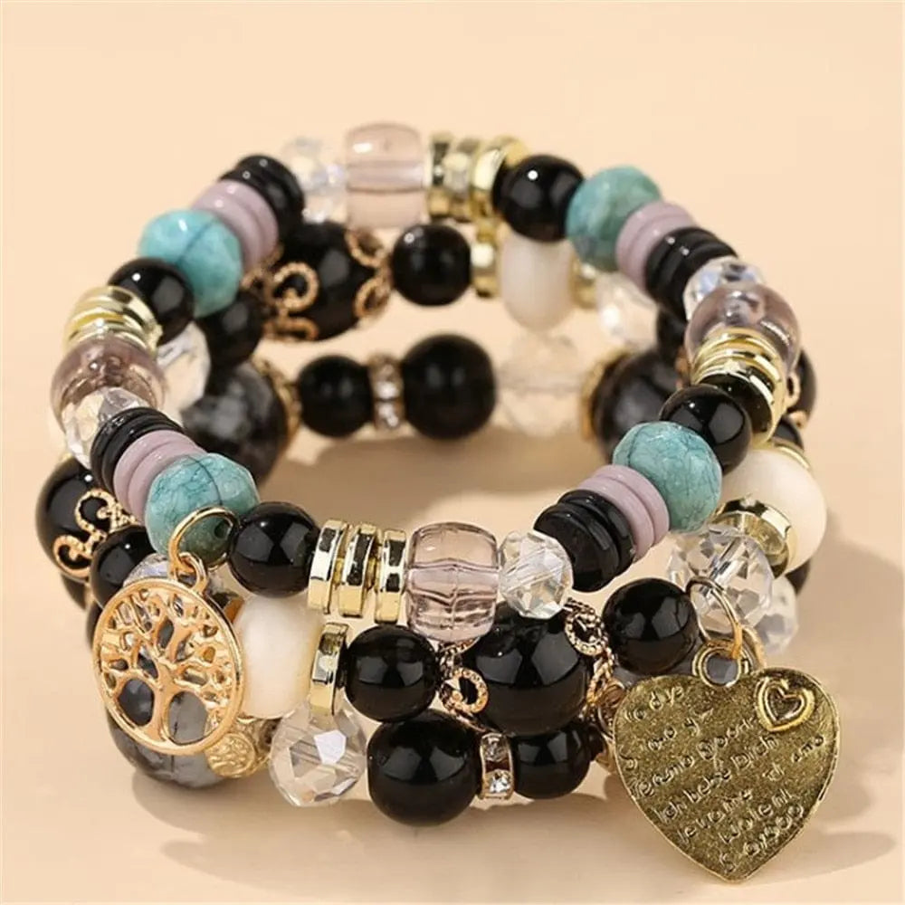 Bohemian white crystal beads strand bracelet with Tree of Life charm, stylish wrap design for women and girls.
