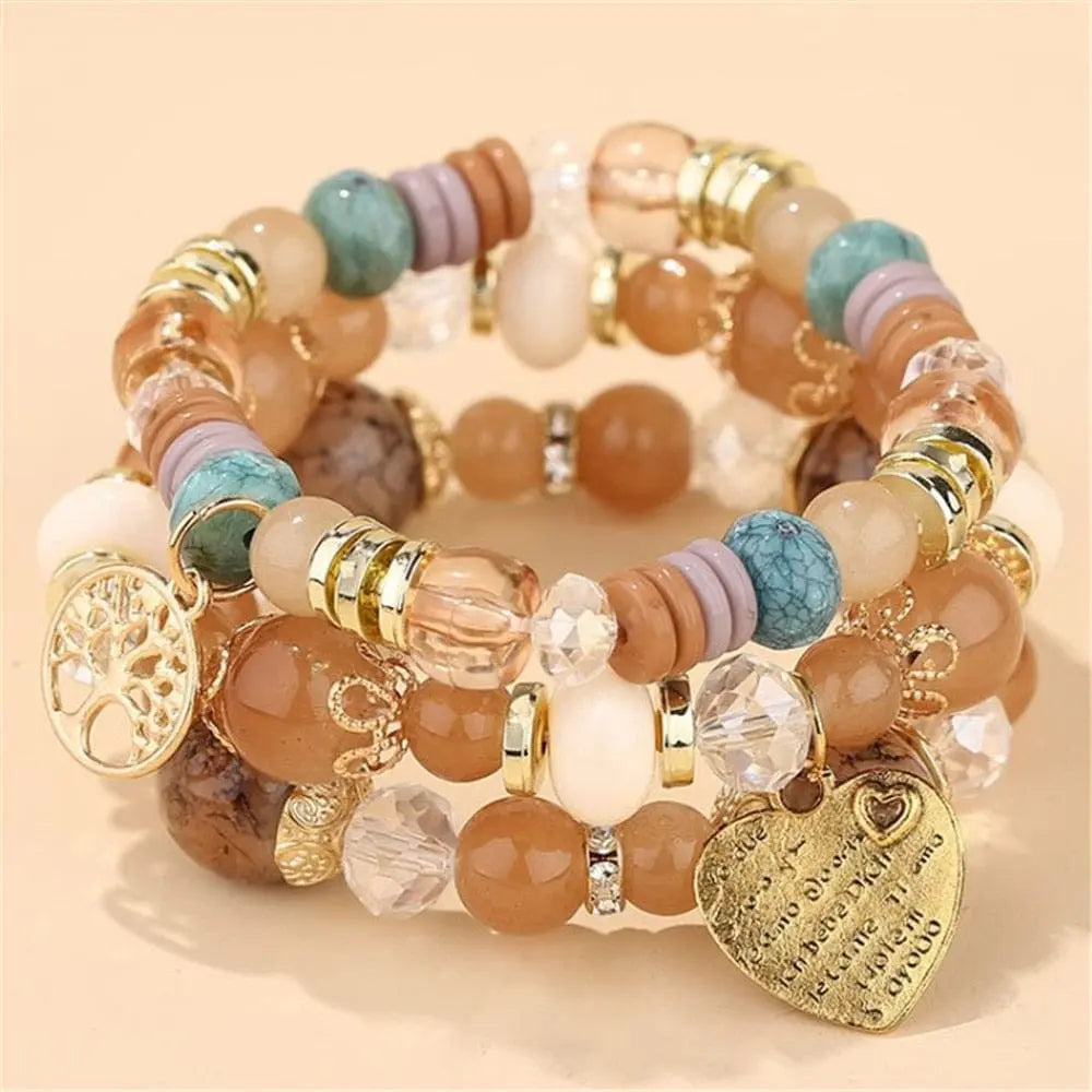 Bohemian white crystal beads strand bracelet with Tree of Life charm, stylish jewelry for women and girls.