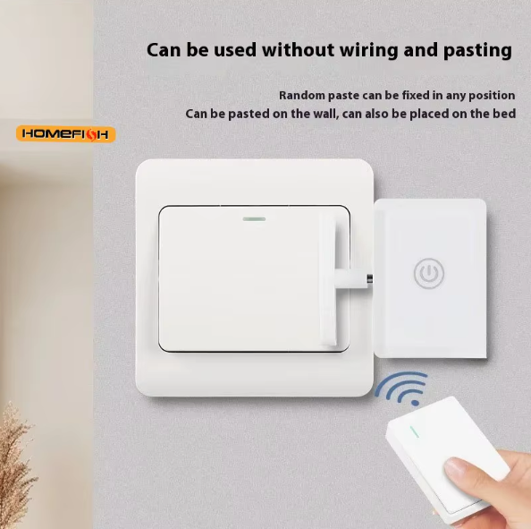 Wireless light switch control from Stone's Store with easy stick-on installation, shown in a modern home setting.