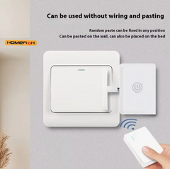 A wireless light switch control kit featuring a remote transmitter and a stick-on receiver.