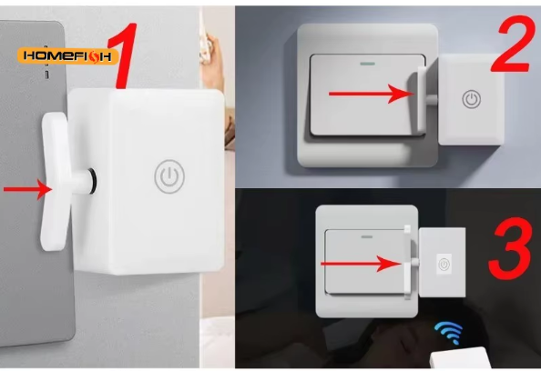 Wireless light switch control from Stone's Store with easy stick-on installation, shown attached to a wall with a sleek design
