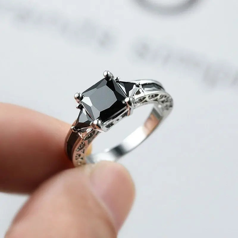 Elegant women's black zircon princess cut wedding ring in silver color, featuring inlaid black zircon stones, by Showlu Fashion Store.