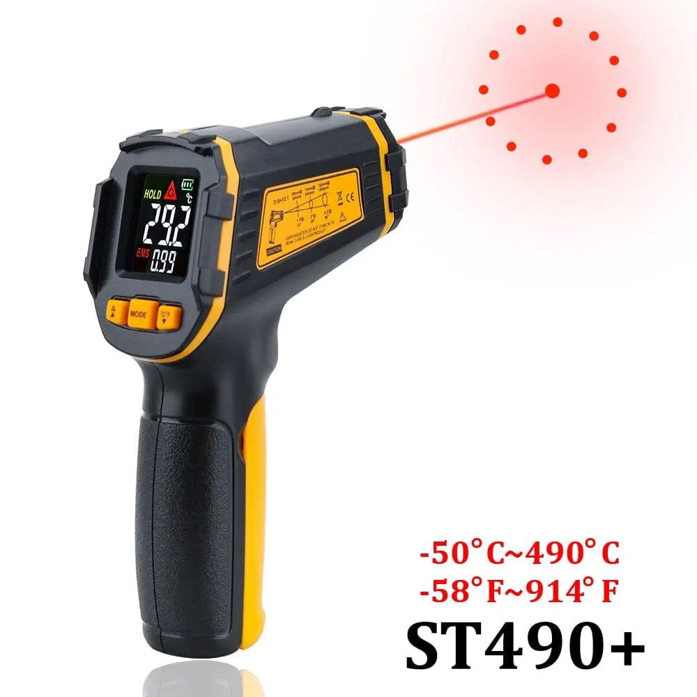 Showlu Fashion Store digital infrared thermometer with color LCD display, non-contact laser temperature gun, and alarm feature.