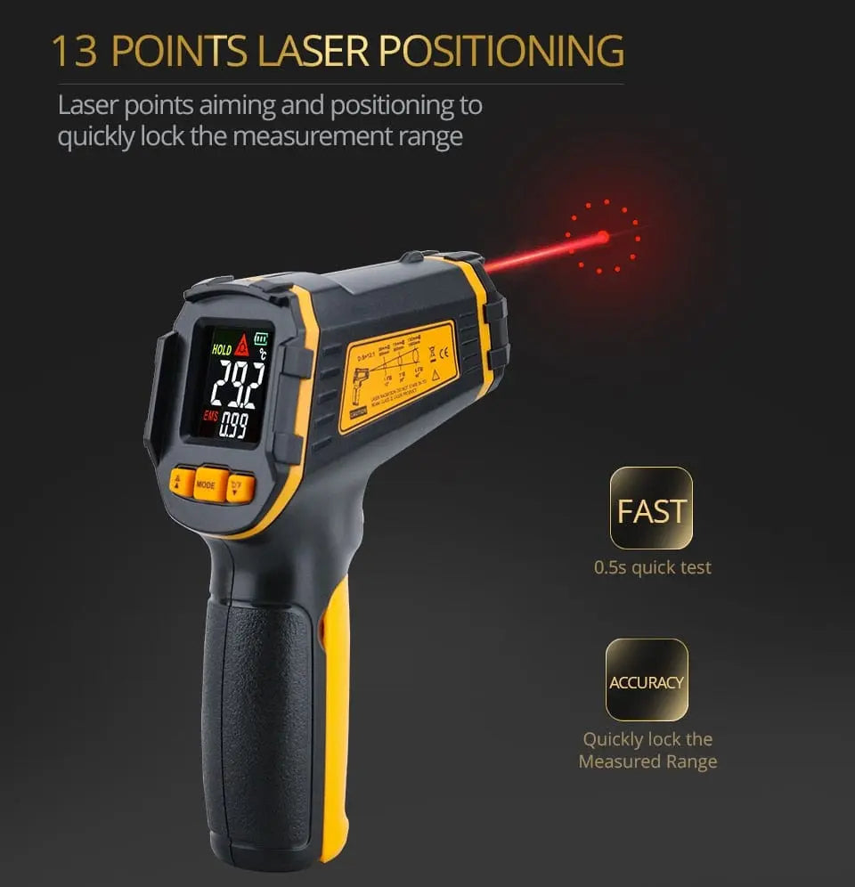 Showlu Fashion Store digital infrared thermometer with color LCD display, non-contact laser temperature gun with alarm and hygrometer features.